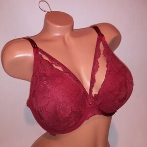 Torrid Bra 40DD Push Up Plunge Burgundy Red Lace Strappy Underwire